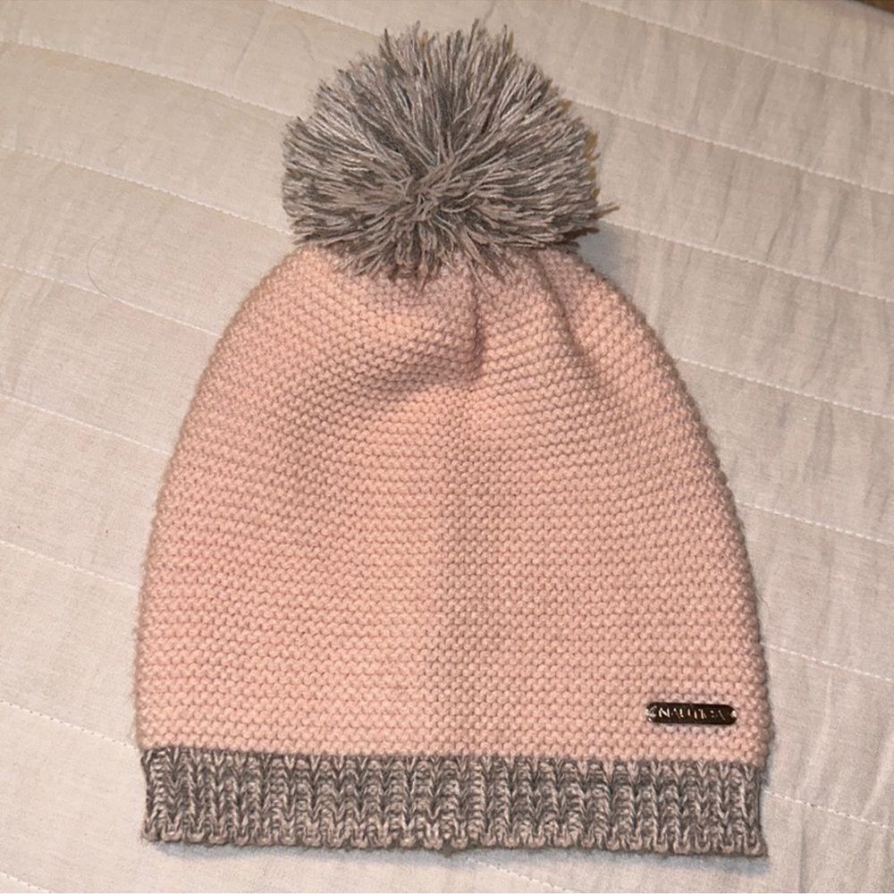 Nautica OS Little Girl Blush Pink Heather Gray Reverse Knit Pom Pom Hat Beanie